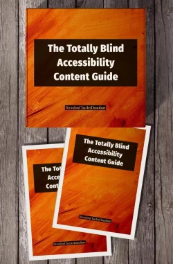 The Totally Blind Accessibility Content Guide and an accompanying Workshop product box on a wooden surface